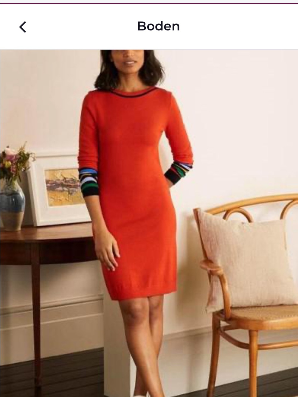 Boden Orange Long-Sleeve Knit Sheath Dress with Striped Cuffs